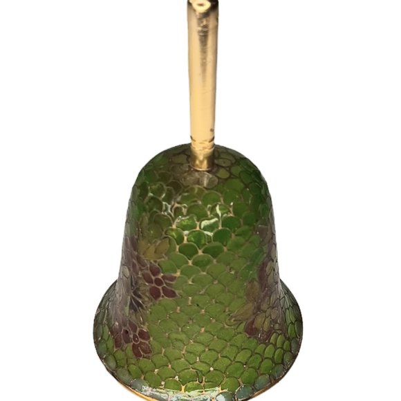 Plique-à-Jour Green Glass Bell Red Flowers Translucent Cloisonne Style - Picture 3 of 11